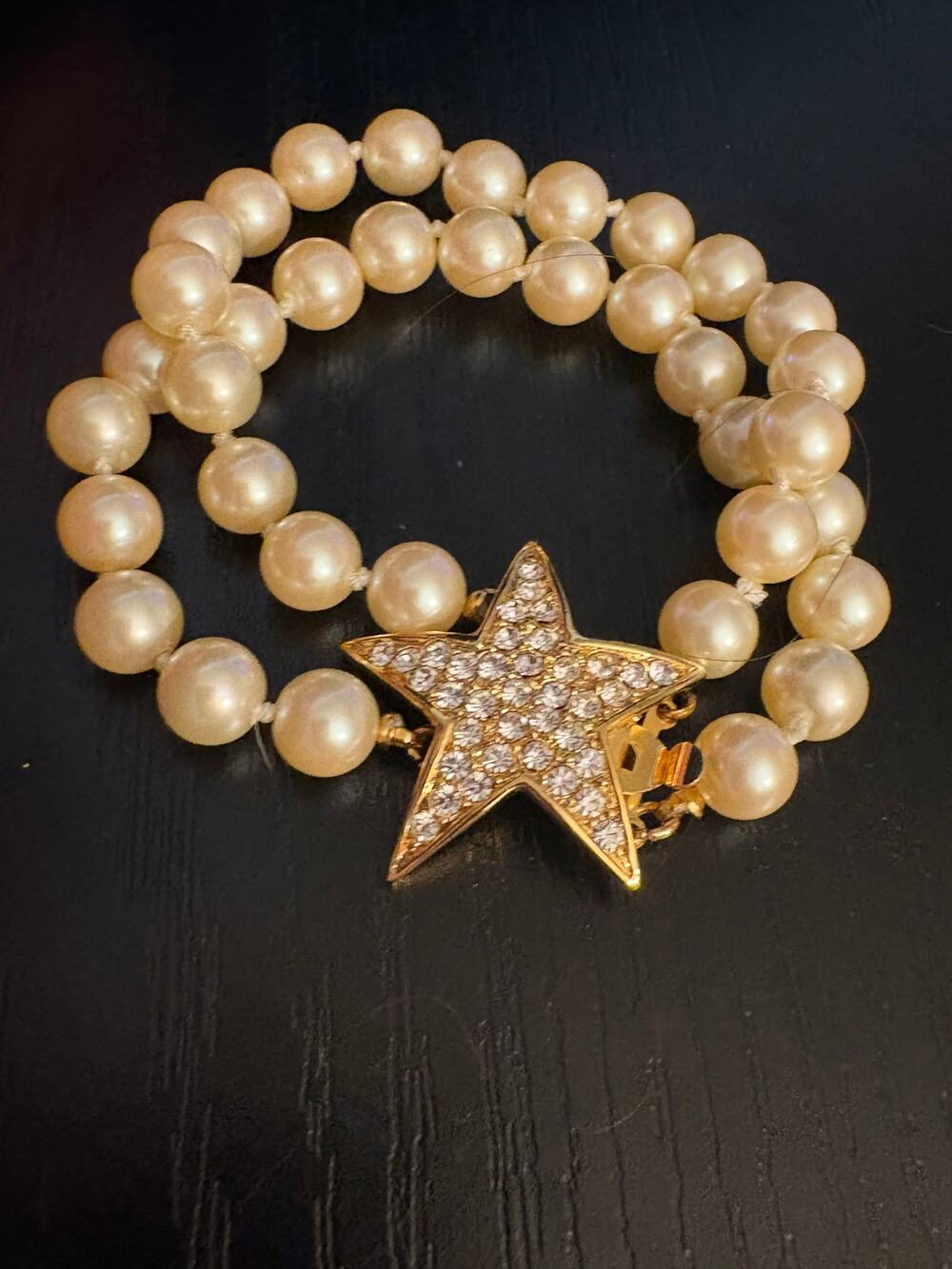 Vintage Joan Rivers Faux Pearl Rhinestone Star Bracelet Sz 6.5”
